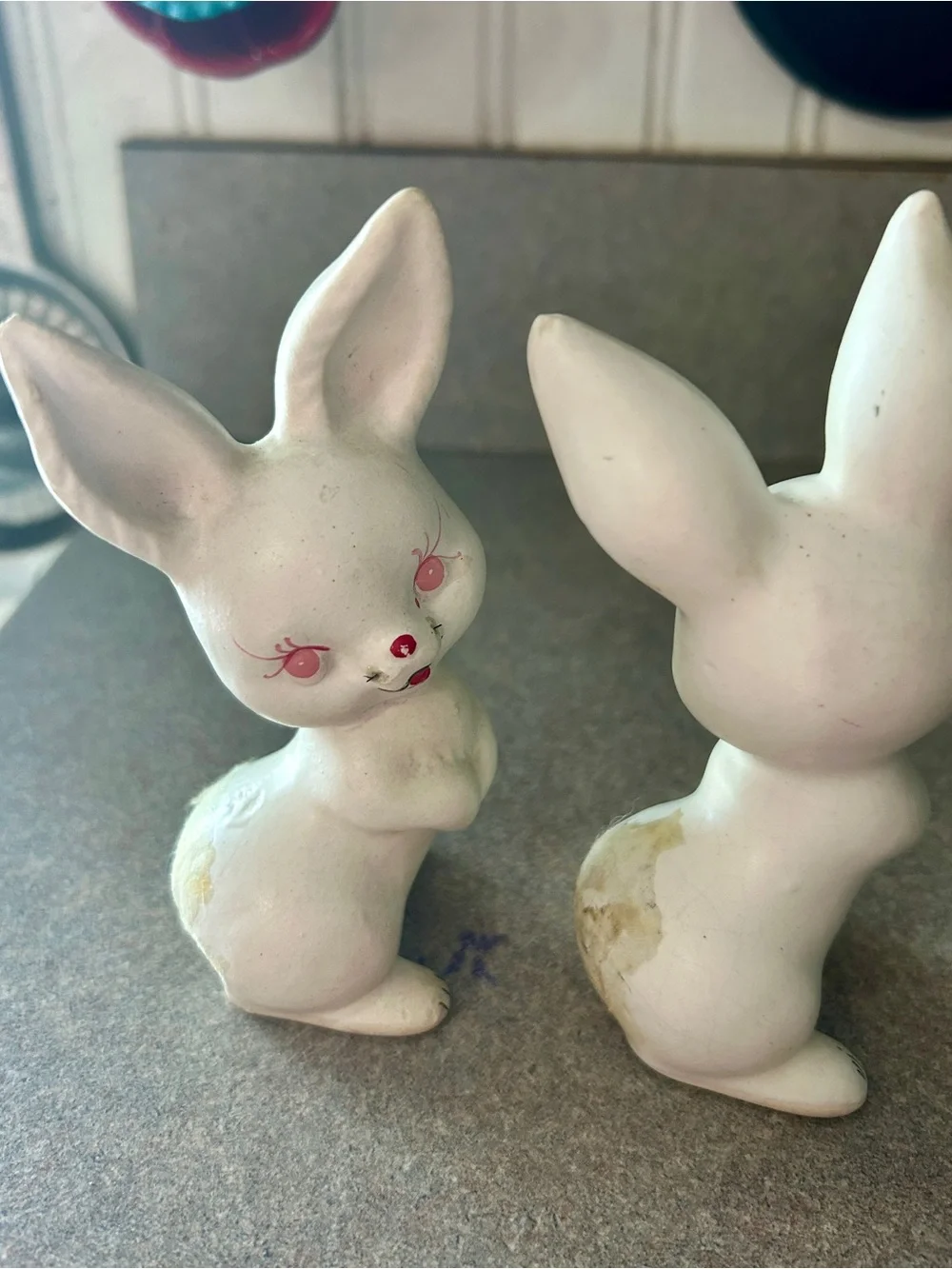 Pair of White bunnies arthroscopic style Figurines with Pink Accents -